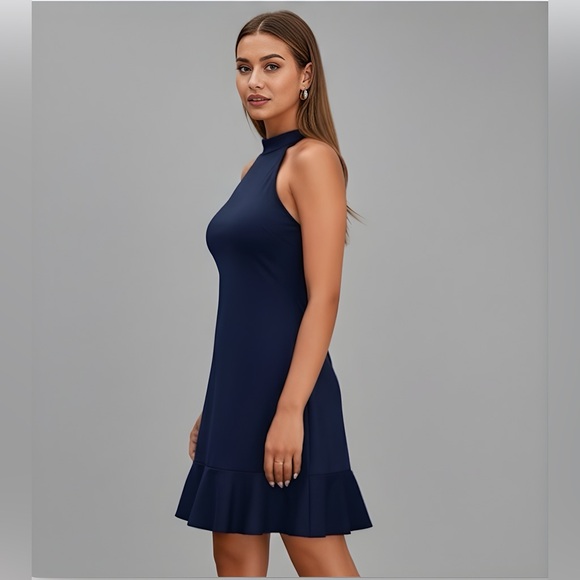 Navy Halter Neck Ruffle Hem Swing Dress - Picture 4 of 8